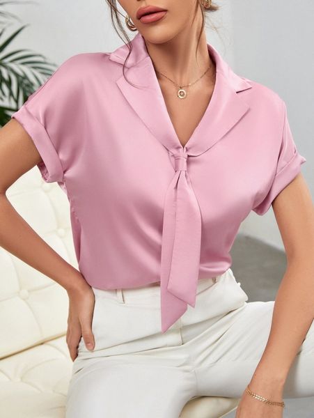 

batwing sleeve tie front satin blouse u7wp#, White