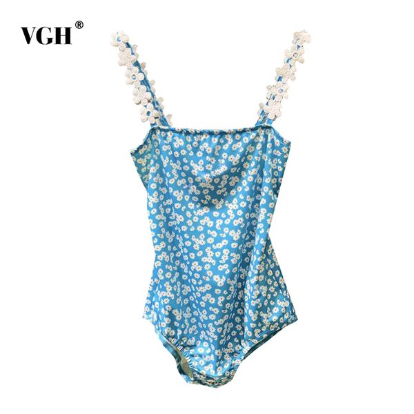 

floral print blue bodysuit for women square collar sleeveless high waist hollow out skinny bodysuits female summer 210507, Black;white