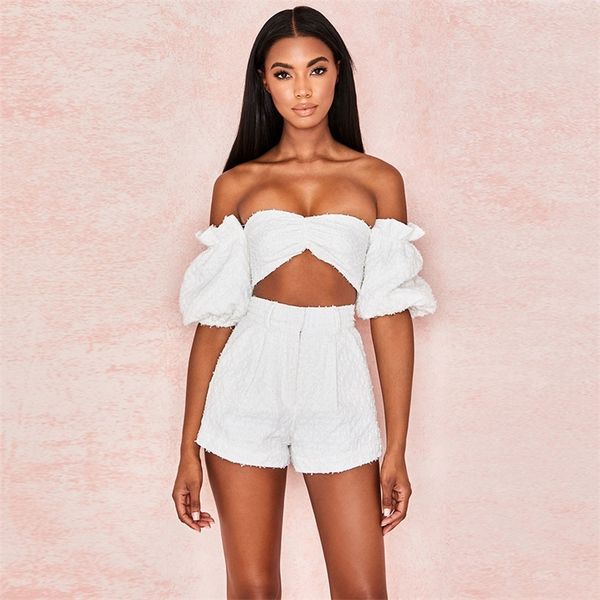 

summer women 2 set puff sleeve short crop high waist wide shorts tracksuit white casual two piece sets 220613