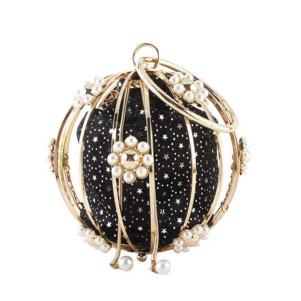 

nxy evening bags luxury spherical cage lock flannel women handbags beige pearl crystal shoulder ladies purse chain messenger 220506