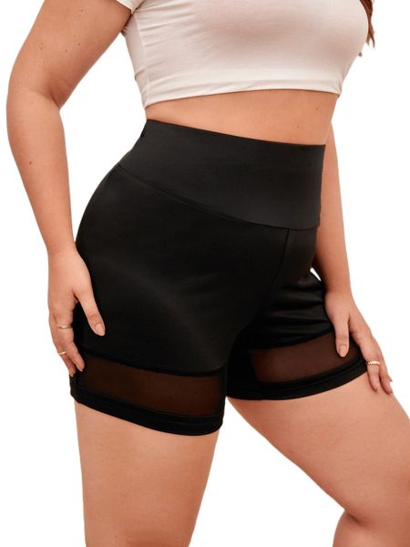 

plus wide waistband contrast mesh biker shorts y1nh#, Black