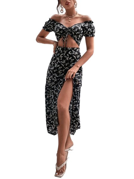 

ditsy floral ruched drawstring and split thigh skirt set s7s7#, White