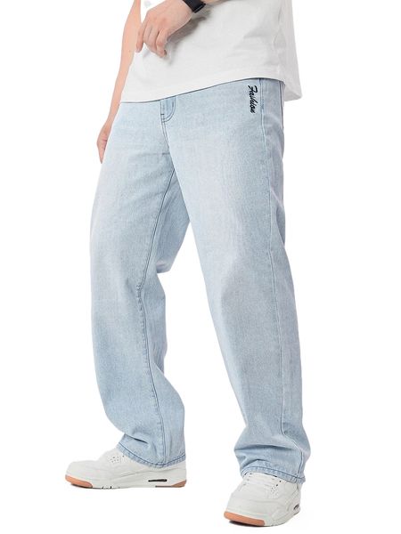 

men letter embroidery light wash straight leg jeans z5ha#, Blue