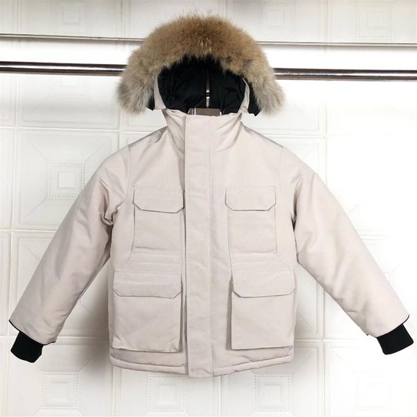 

08 style classic designer clothing winter warm kids outwear boy and girl hooded wolf fur collar child clothing fw jacket big size269r, Blue;gray