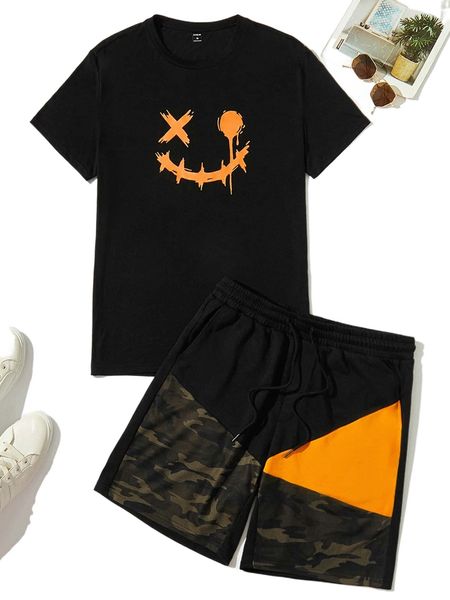 

men expression print tee & camo print drawstring waist shorts b8pc#, Gray