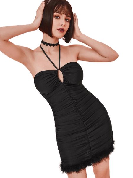 

contrast fuzzy ruched backless bodycon dress e9hj#, Black;gray