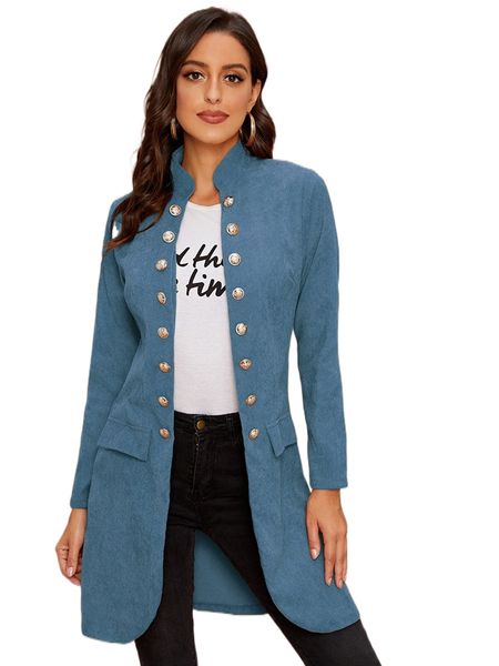 

stand collar button front solid corduroy coat o04n#, Black