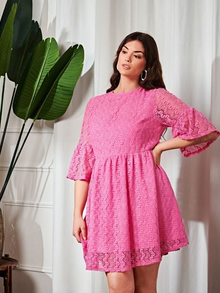 

plus flounce sleeve lace dress j4lm#, Black