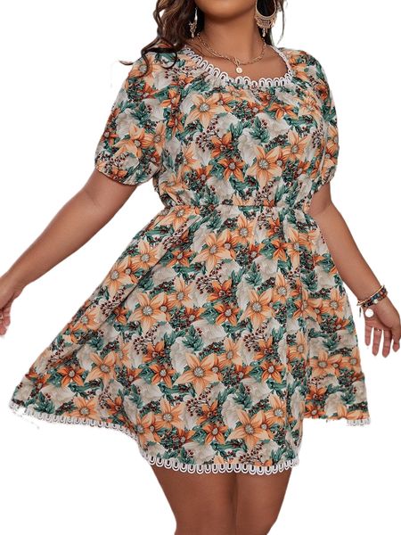 

plus allover floral print puff sleeve guipure lace detail dress q0jr#, Black