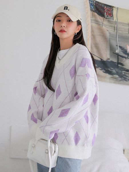 

dazy argyle pattern drop shoulder sweater j0yc#, White;black
