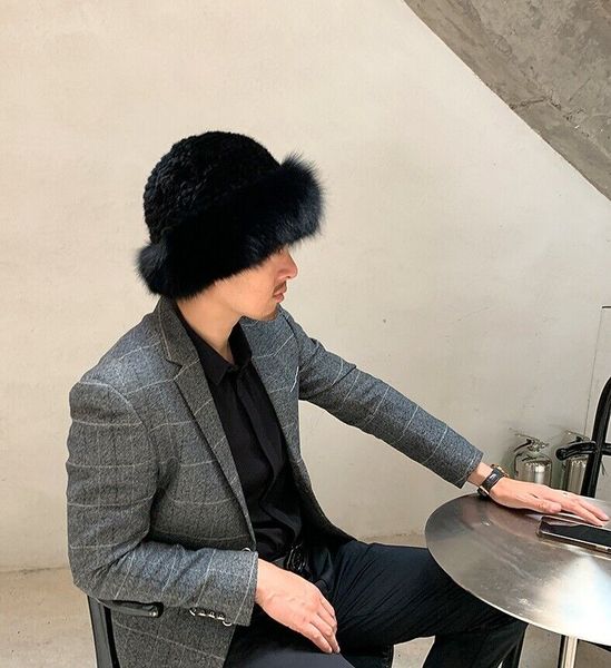 

real mink men's fox fur edge winter warm soft bucket hat outdoor ski hat, Blue;gray