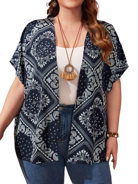 

plus paisley scarf print batwing sleeve kimono 05xu#, Black;gray