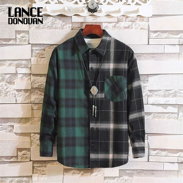 

japan style long sleeve flannel plaid casual men shirt 2019 for spring autumn clothes t200224, White;black