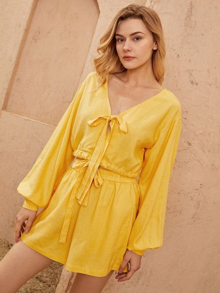 

knot front lantern sleeve drawstring hem blouse o8gs#, White