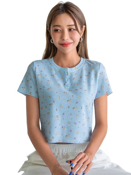 

dazy half button ditsy floral tee 92n8#, White