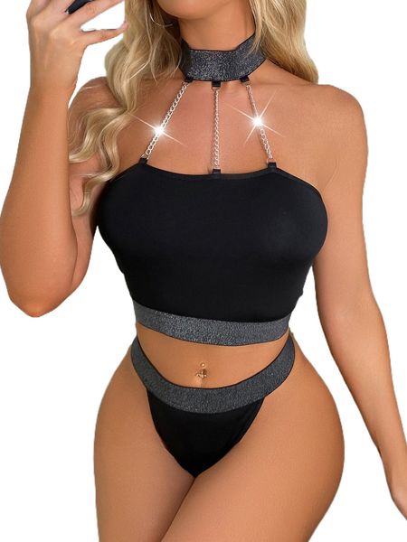 

contrast tape chain linked thong lingerie set w2zk#, Black;red