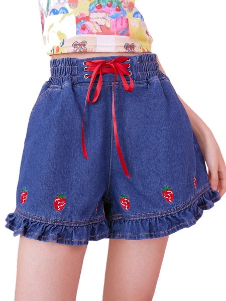 

romwe kawaii strawberry embroidery ruffle hem denim shorts 0482#, White;black