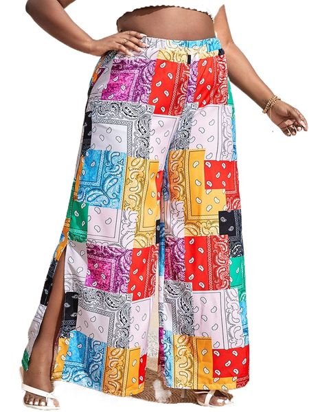 

plus patchwork and paisley print split hem wide leg pants 37m2#, Black