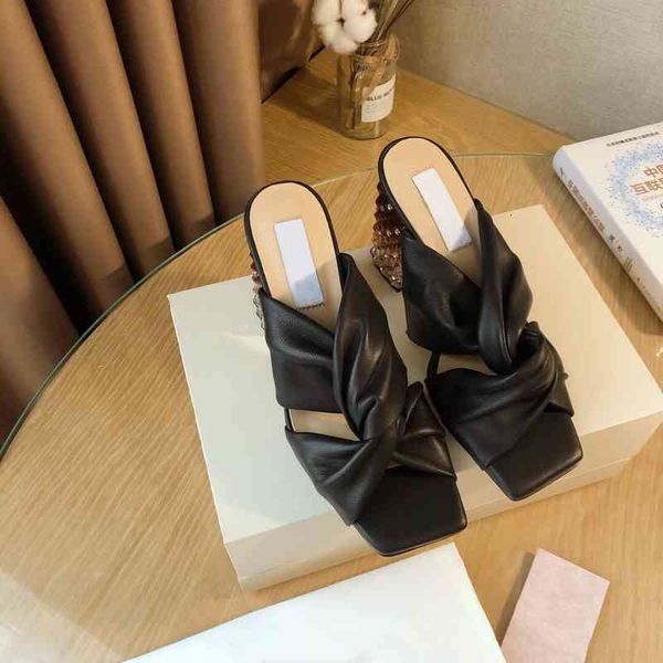 

summer leather slippers women's slippers convertible shoes ultra-high heels suitable for mature women series, Black