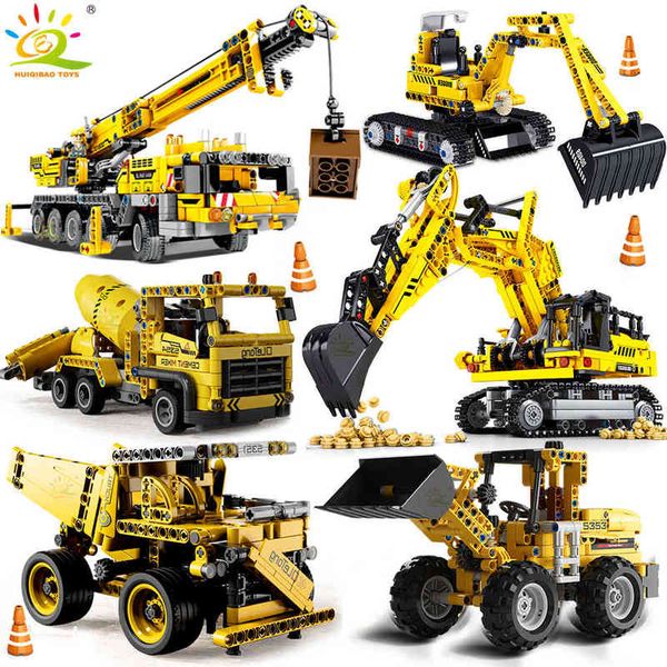 

huiqibao engineering bulldozer crane dump truck technical building blocks city construction vehicle car bricks toy for children aa220317
