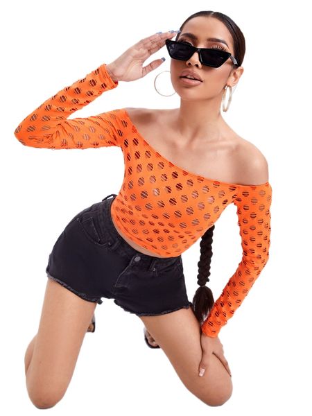 

neon orange solid off shoulder ripped crop tee r1m1#, White