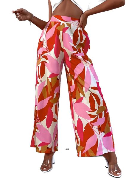

floral & plants print wide leg pants v4ab#, Black;white