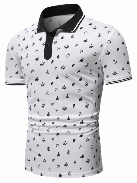 

men anchor & palm tree print striped trim polo shirt r3l2#, White;black