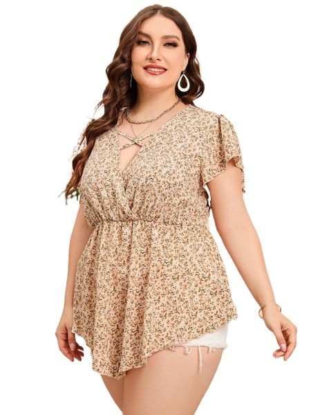 

plus ditsy floral surplice neck butterfly sleeve blouse x9ik#, Black