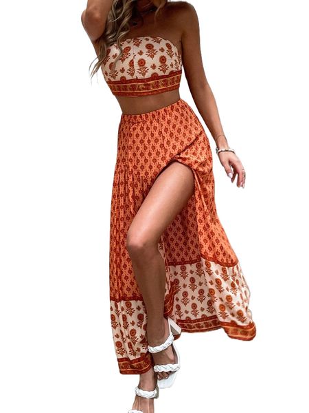 

floral & paisley print tie backless crop tube & split thigh skirt b5fy#, White