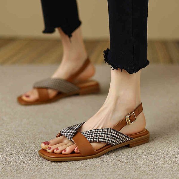 

sandals lucky monkey ins minority ~ french sandals women summer leather low heel open toe roman shoes flat bottom 6fb3, Black