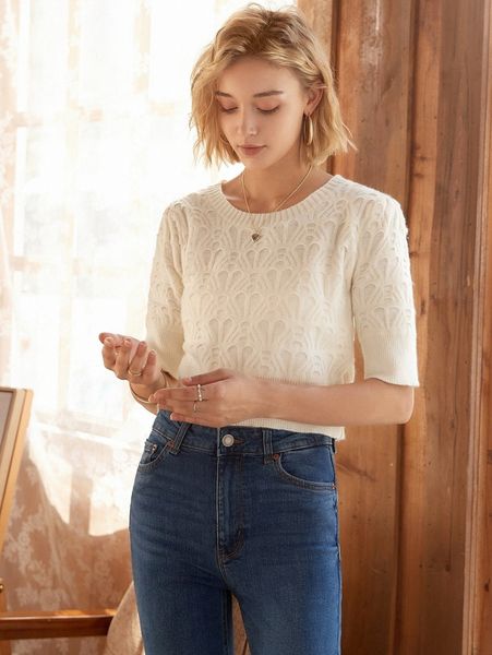 

knit mix puff sleeve textured knit t63q#, White;black