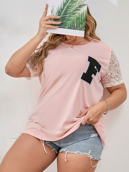 

plus letter patched contrast lace tee 02bn#, Black