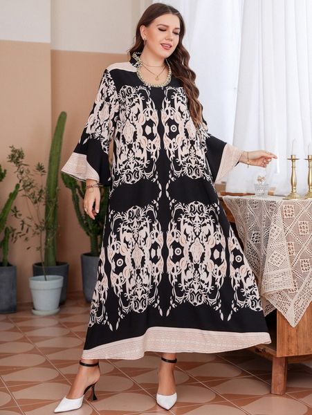 

plus random damask print flounce sleeve tunic dress 25rd#, Black