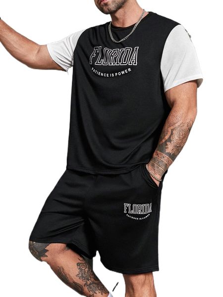 

extended sizes men colorblock letter graphic tee & shorts b13o#, Gray