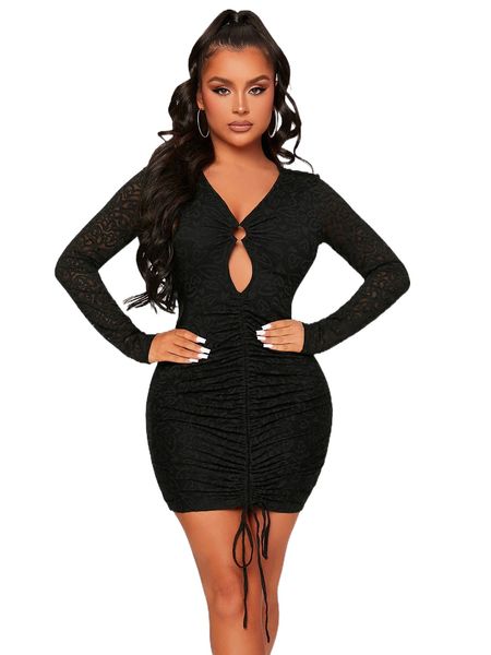 

sxy d.rawstring ruched cutout b.odycon d.ress p8py#, Black;gray