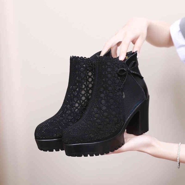 

sandals spring and summer hollow out mesh boots women's short breathable cool middle heel g1mx, Black