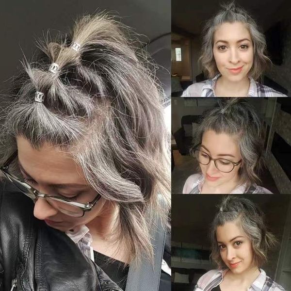 

short gray real hair ponytail hairpiece wraps pony tail silver grey puff bun updo gorgeous for young girl women salt and pepper natural high, Black