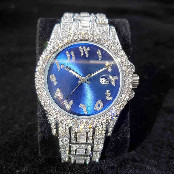 Missfox Diamond Luxury Mann Uhr Blaues Zifferblatt interessanter arabischer digitaler Uhr für Männer runden Mode Platin -Mann Quarzuhr