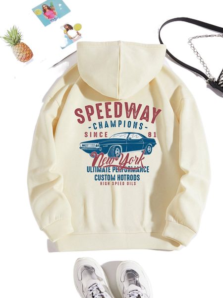 

car & letter graphic thermal hoodie n7fw#, Black