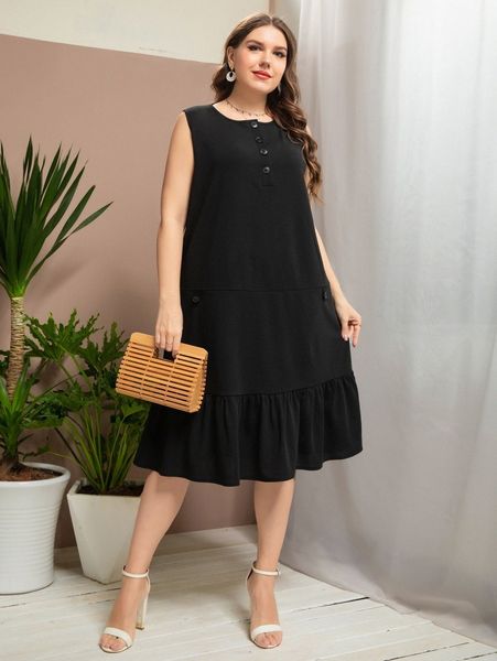 

plus quarter button ruffle hem smock dress s968#, Black