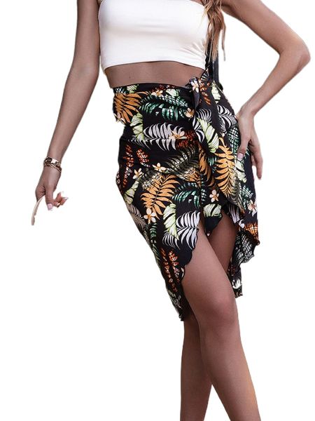 

tropical print lettuce trim asymmetrical hem skirt u1f8#, Black