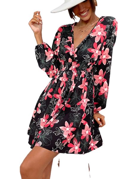 

surplice front allover floral dress v1jb#, Black;gray