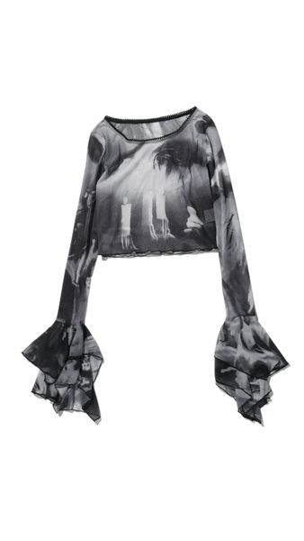 

q22tp146 summer new 2022 printed round neck pullover horn long sleeve navel casual european and american women's jacket q8z6#, White