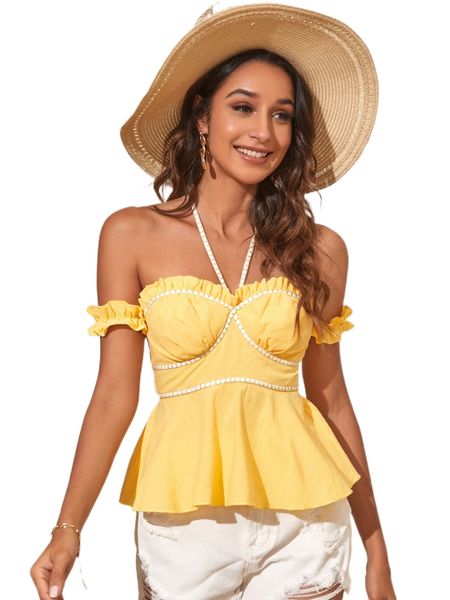 

frill trim shirred blouse c37p#, White