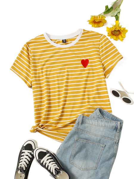

plus striped heart embroidery detail tee m0o3#, Black