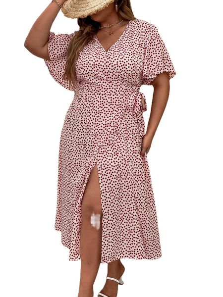 

plus ditsy floral knot side wrap dress e3is#, Black