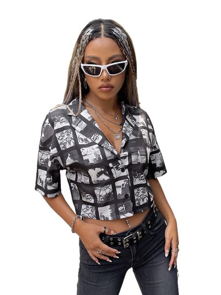 

allover print drop shoulder crop blouse j9la#, White