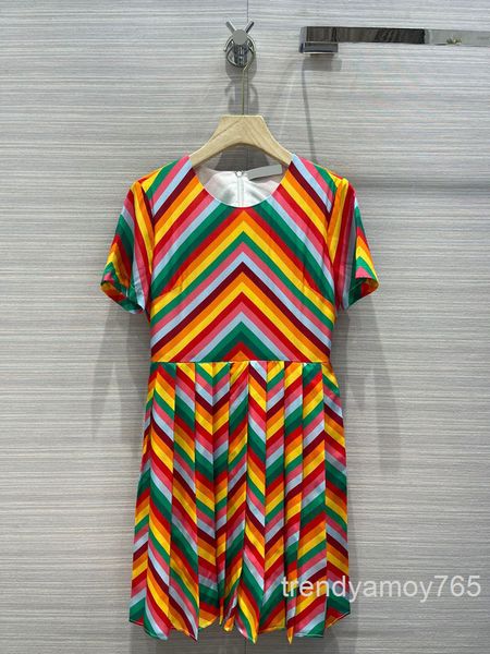 

casual dresses rainbow silk dress elegant age reduction white waist crimp short sleeve middle skirt women's summer, Black;gray