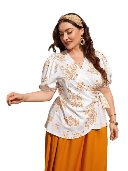 

plus 1 pc floral print tie front puff sleeve wrap blouse l7rl#, Black