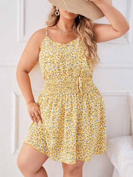 

plus ditsy floral shirred waist cami dress p19j#, Black
